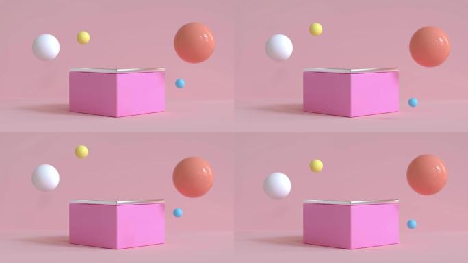 粉色方形和球形浮动几何彩色3d渲染