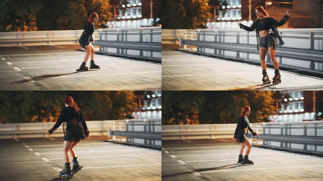 时尚时髦的女人晚上在街上溜冰