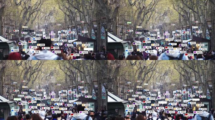 一群无法识别的行人在巴塞罗那的街道上行走，而消息符号和动画通知出现在屏幕上。概念: 社交网络与城市生
