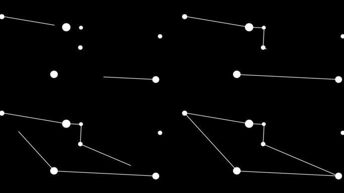 网状星座。夜空中的星星。黑白线条艺术风格的星座。星系团。横向构图，4k视频质量