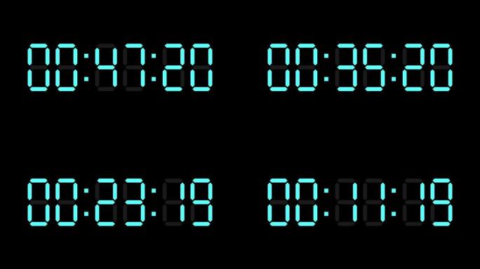 发光二极管电子蓝色数字的一分钟倒计时计时器。