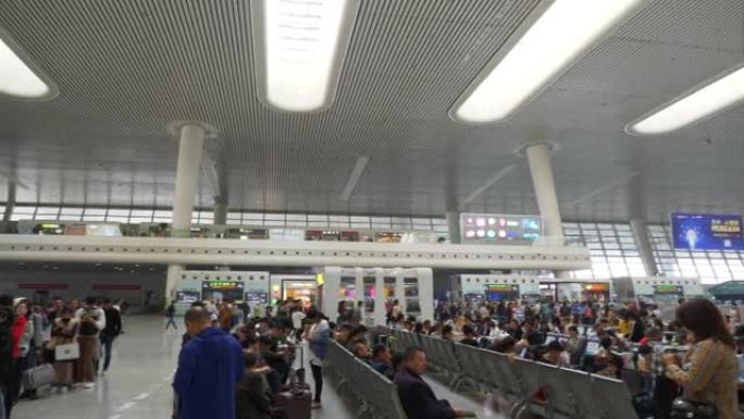 杭州火车站室内拥挤大厅慢动作步行全景4k中国