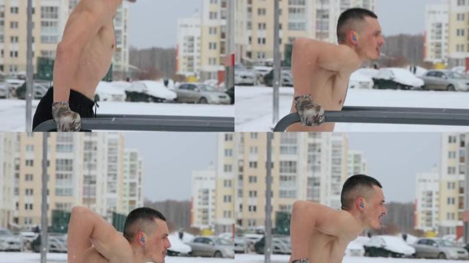肌肉发达的人在冬季在运动场上赤裸上身训练