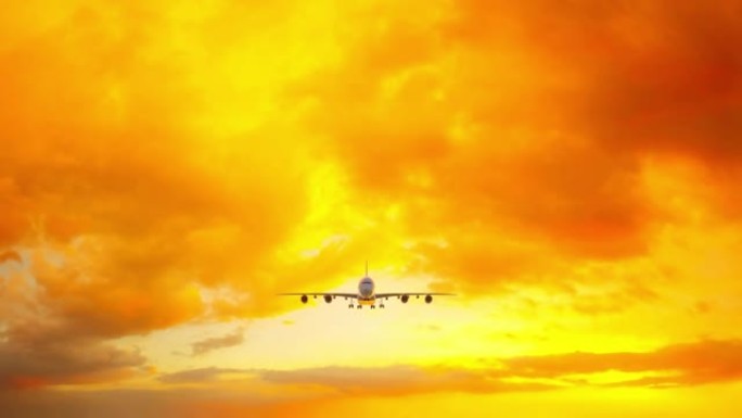 一架无品牌的商用飞机从下面俯瞰美丽的日落时进入陆地