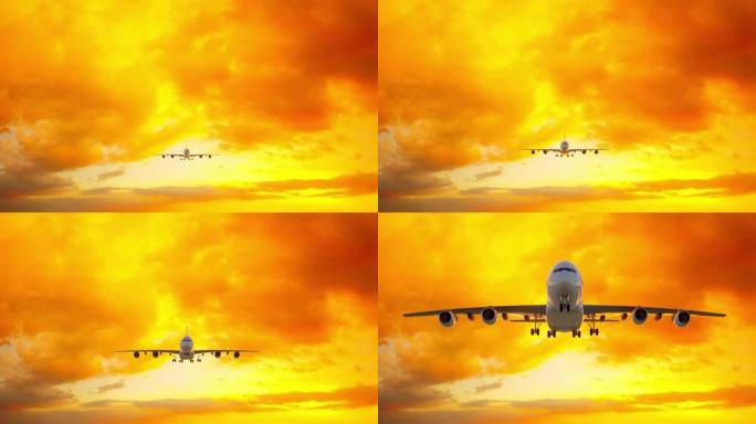 一架无品牌的商用飞机从下面俯瞰美丽的日落时进入陆地