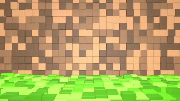3D抽象立方体。电子游戏几何镶嵌波浪图案。使用棕色和绿色的草块建造丘陵景观