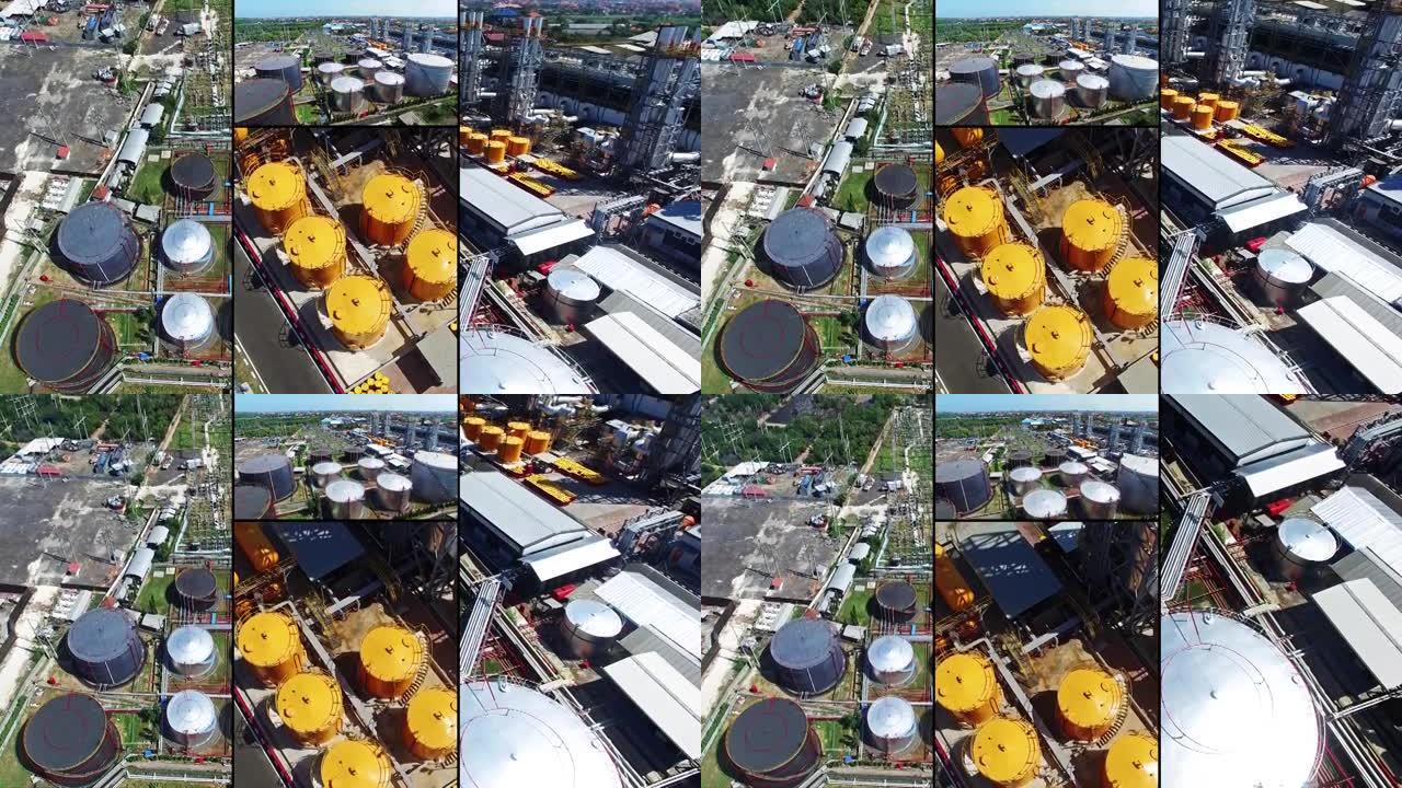 印度尼西亚石油厂的鸟瞰图汇编。黄色和黑色坦克。