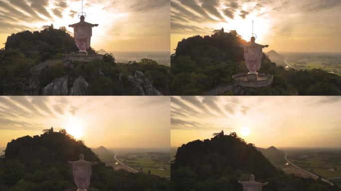 空中无人驾驶飞机飞越泰国山上美丽的寺庙