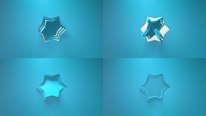 蓝色商业动画。六角星的旋转。3d渲染，窗口，循环，简约纯色。翻筋斗