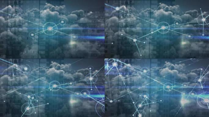 现代建筑和云上的连接网络动画