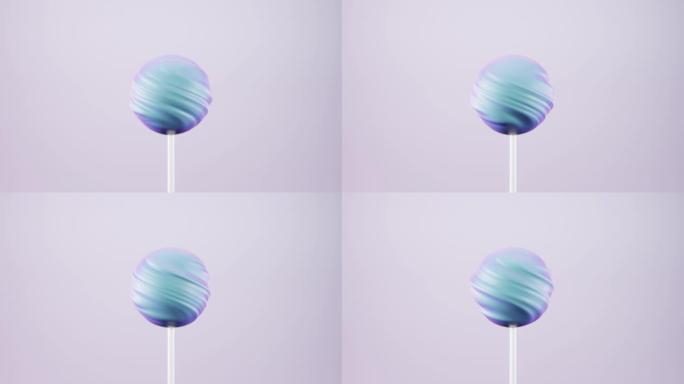 棒上旋转棒棒糖甜糖果，柔和背景，3d渲染