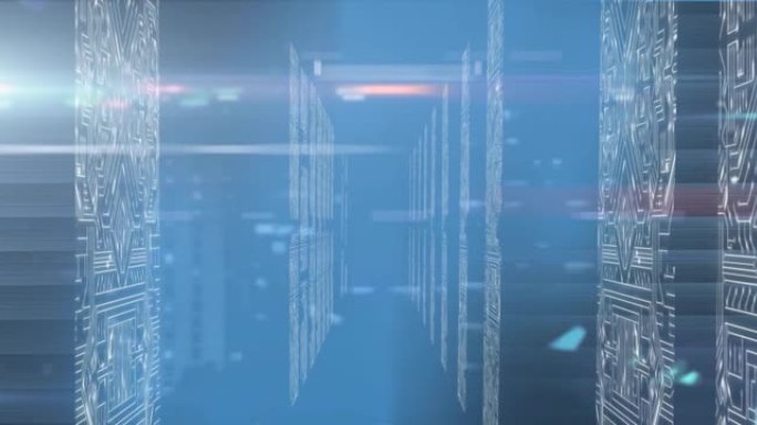 蓝色背景上的计算机服务器上的光迹数据处理动画