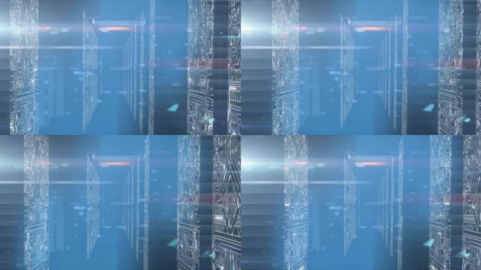 蓝色背景上的计算机服务器上的光迹数据处理动画