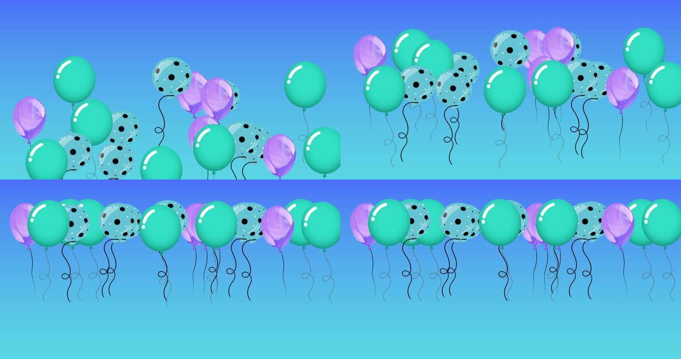 彩色气球在蓝色背景上弹跳的动画