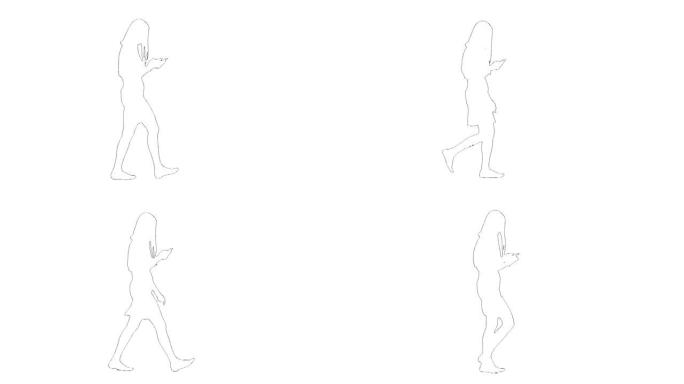 长发走路的苗条女孩的轮廓素描在她的手机上写信息孤立在白色背景上