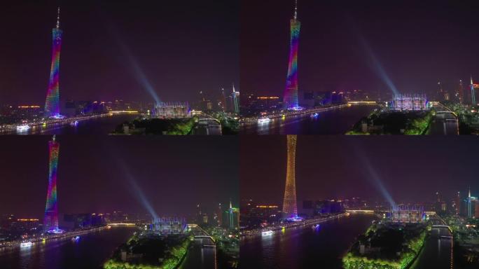 夜景照明著名的广州市市中心滨河湾塔音乐会体育场空中全景4k中国