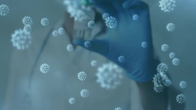 covid 19细胞的动画和戴手套的医生持有疫苗