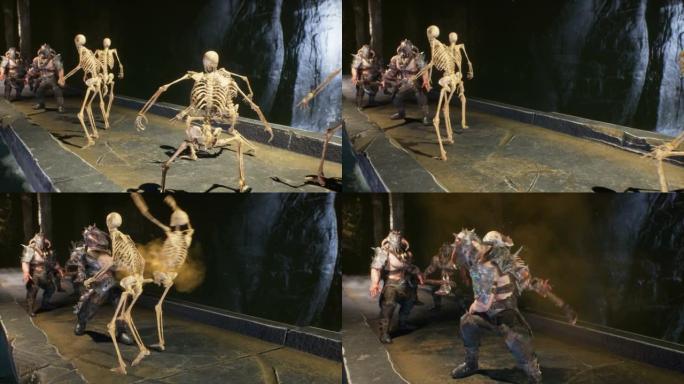 古代神话战士在石桥上与令人毛骨悚然的骨骼作斗争。动画是为军事，历史和幻想背景而设计的。