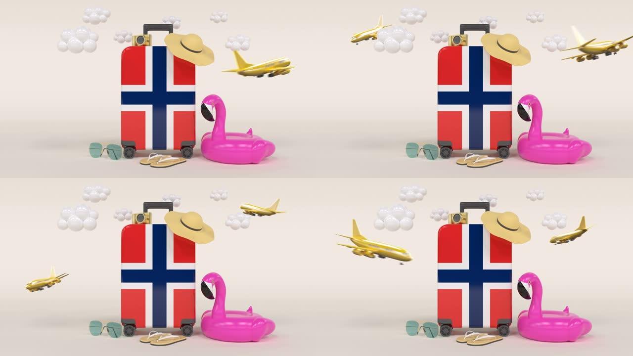 3D循环假日概念与挪威国旗手提箱