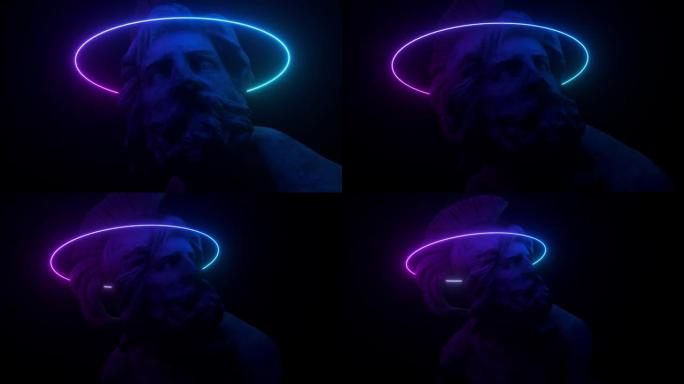 霓虹灯照亮的费城人雕塑。通过3D扫描获得的博物馆艺术品。复古的未来设计。3d动画