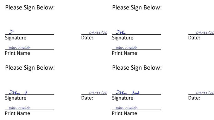 在白纸文件上签名并打印姓名。用草书字母在一行上手写名字和姓氏。请在下面签名。
