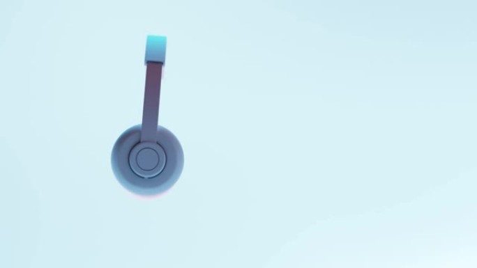趋势霓虹灯中带立体声的无线原装耳机，蓝色背景上的现代白色dj耳机3d派对，收听科技电子音乐的技术设备