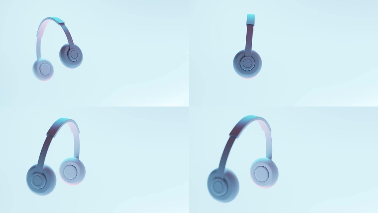 趋势霓虹灯中带立体声的无线原装耳机，蓝色背景上的现代白色dj耳机3d派对，收听科技电子音乐的技术设备
