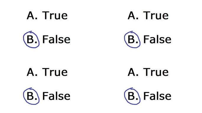 选择False。正确或错误的学校问题选择。圈出False表示否定或错误或不正确或不准确。在纸上手写测