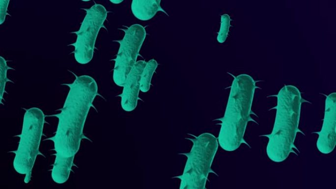 4k显微细菌医学背景-循环，可循环细菌-漂浮大肠杆菌细菌-细菌的3D动画。螺旋藻-细菌特写-绿松石色