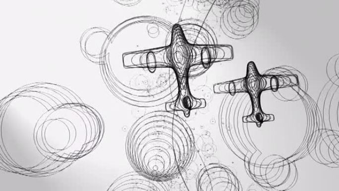 3d动画，两个飞机在许多圆圈上方飞行，并带有微粒流，并在白色背景上 (线条艺术)