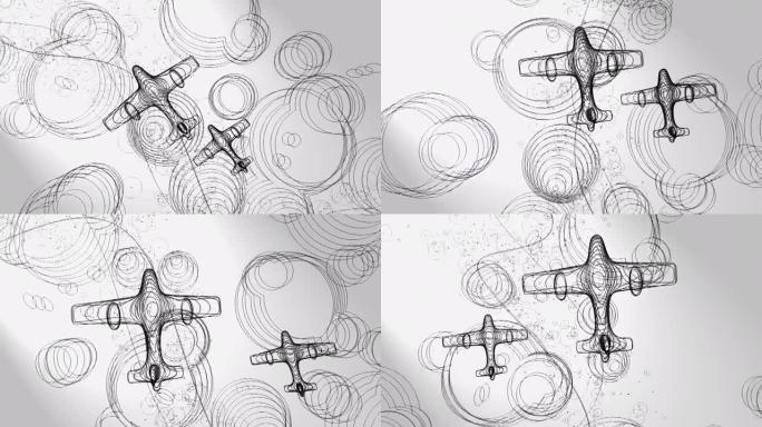 3d动画，两个飞机在许多圆圈上方飞行，并带有微粒流，并在白色背景上 (线条艺术)