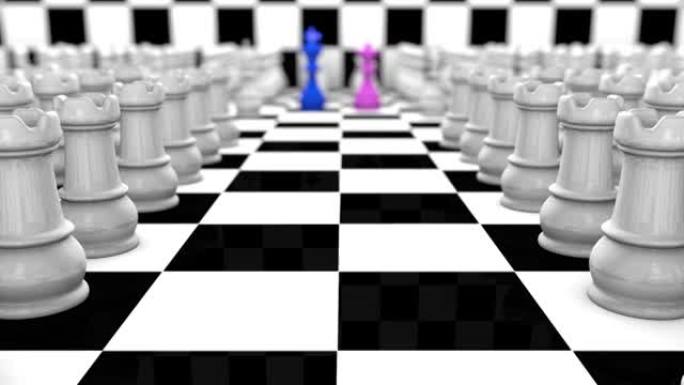 王座游戏概念的3D动画。皇家棋宫的景色。摄像机穿过棋子的走廊，直达国王和王后。