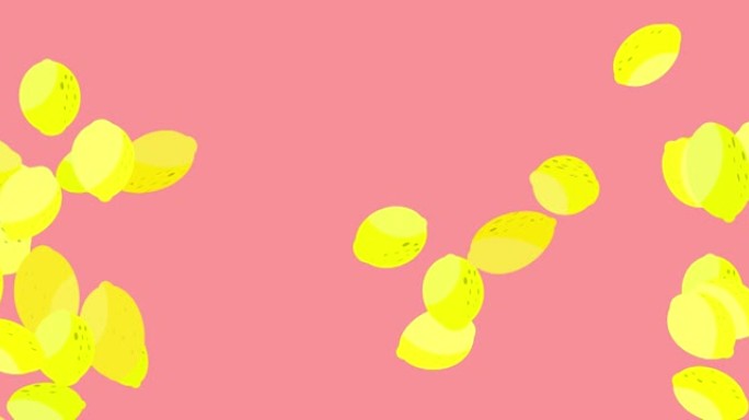 柠檬飞行。在桃子背景上绘制动画柠檬。横向构图，4k视频质量