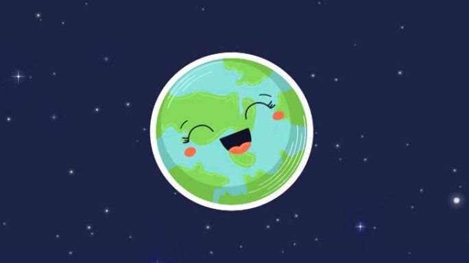带有微笑的行星地球和蓝天上的星星的宇宙动画