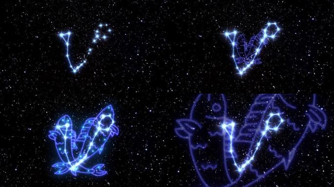 双鱼座黄道星座是由发光线连接的亮星星座。宇宙夜空中黄道十二宫星座的动画。星座和星座符号。