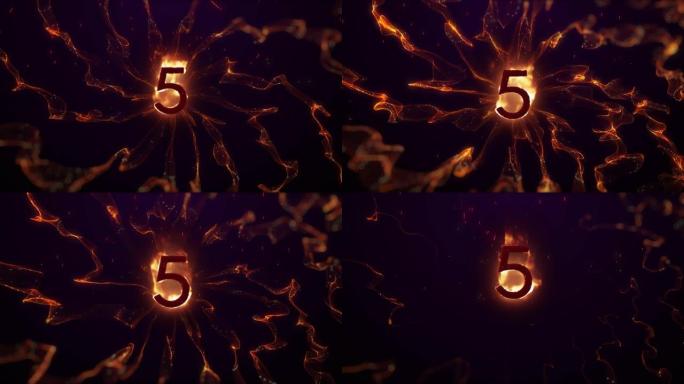 橙色光径爆炸后在火焰中发光的5号动画