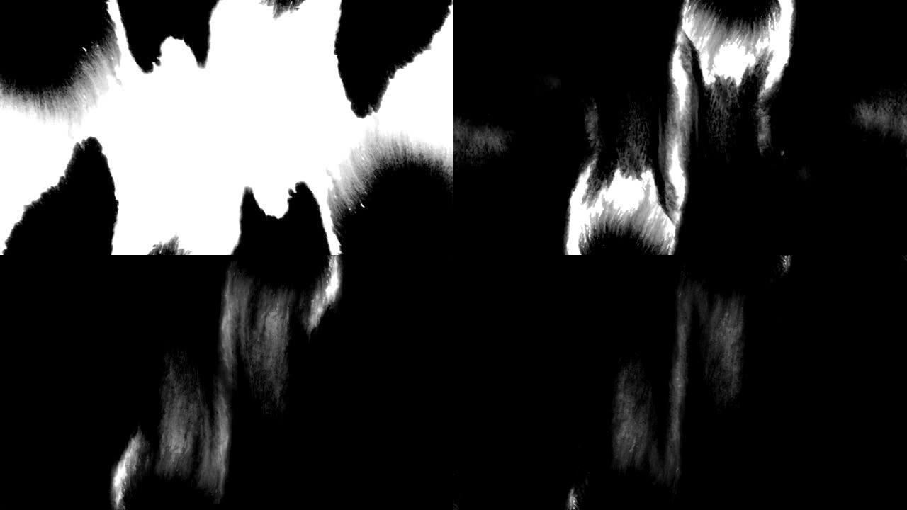 墨水飞溅抽象覆盖屏幕上的垃圾和薄膜颗粒黑色油漆条纹罗夏效果