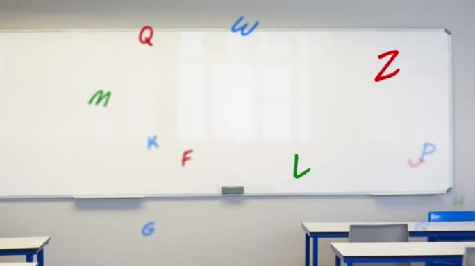 空教室中漂浮在白板上的多个彩色字母的数字组成