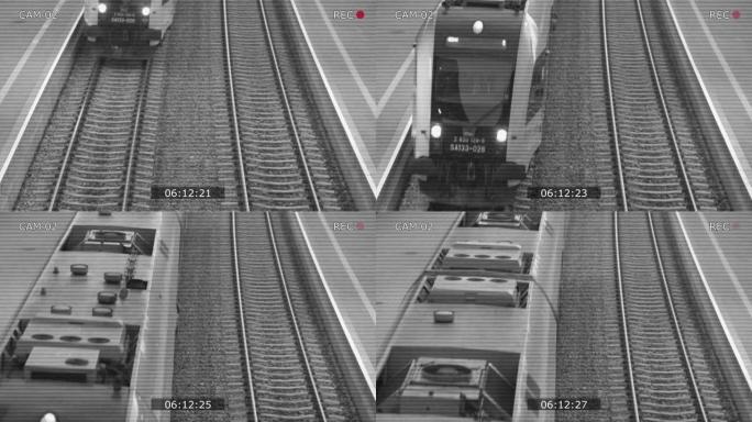 到达火车站的郊区旅客列车的闭路电视安全摄像机视图