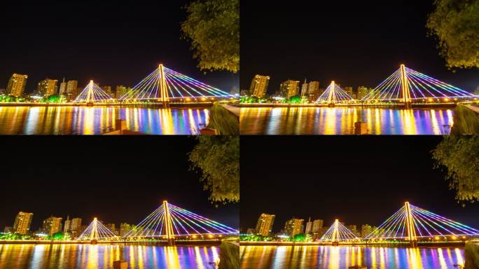 城市桥梁夜景河水延时实拍视频