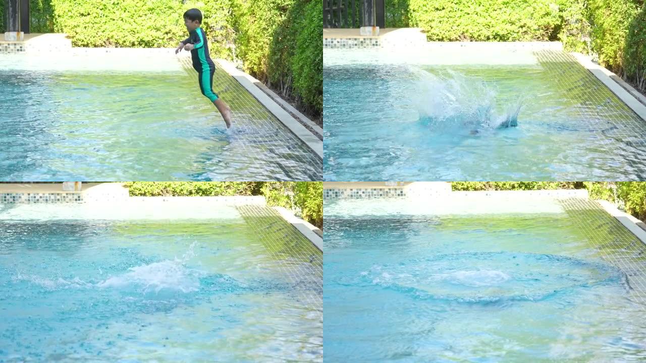 亚洲男孩在游泳池边跳边踢。夏天的概念