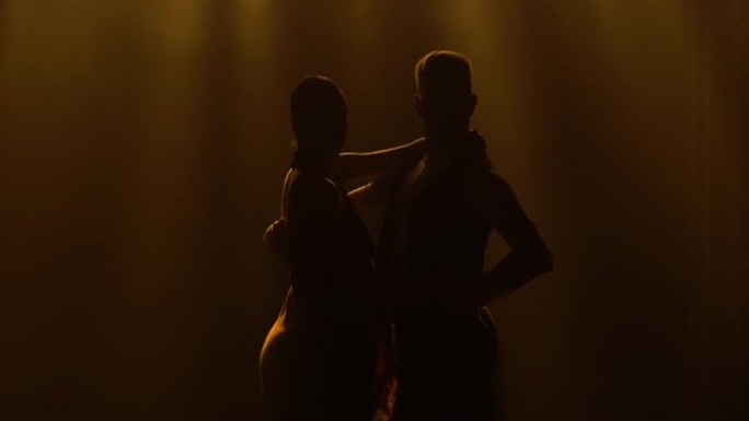 一对表演阿根廷舞蹈元素的舞者的轮廓出现在黑暗工作室的烟熏黄色背景下。特写