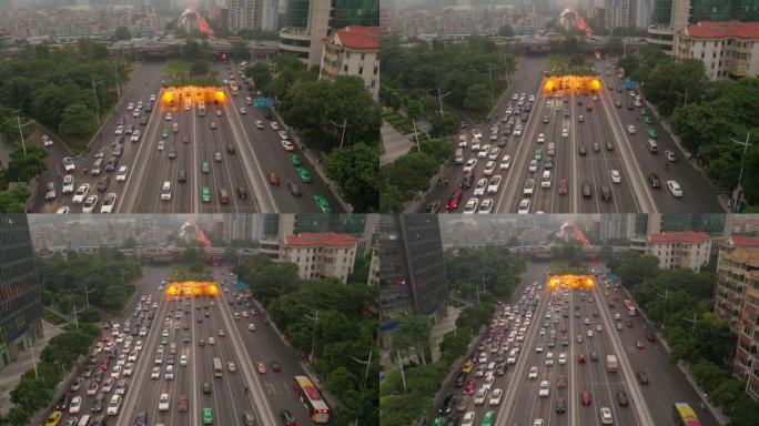 晚间时间广州市市区交通街隧道空中全景4k中国