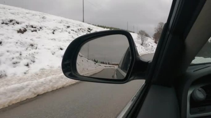 在白雪皑皑的蜿蜒山路上行驶的跑车的后视镜