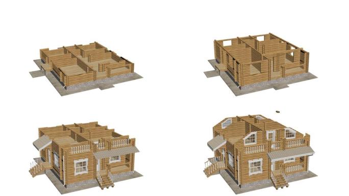 构建结构。延时3d动画显示了建造房屋的过程。