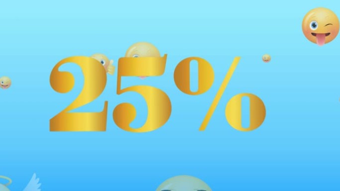 蓝色背景上的表情符号上的25% 金色文字动画