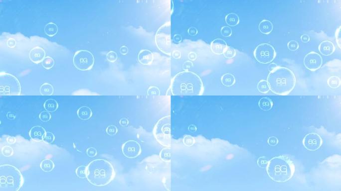 蓝色天空中6g文本漂浮和爆裂的多个气泡