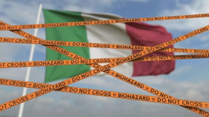 反对意大利国旗的生物危害限制胶带线。意大利限制过境或检疫。概念循环3D动画