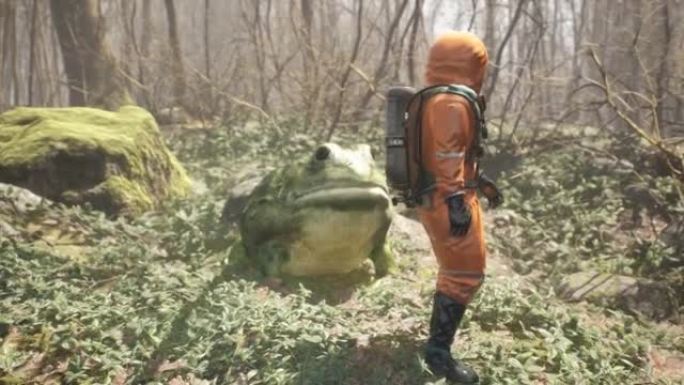 一只令人毛骨悚然的巨型青蛙在吃掉化学物质后长大，袭击了一位研究受污染森林的无防御能力的生物学家。动画