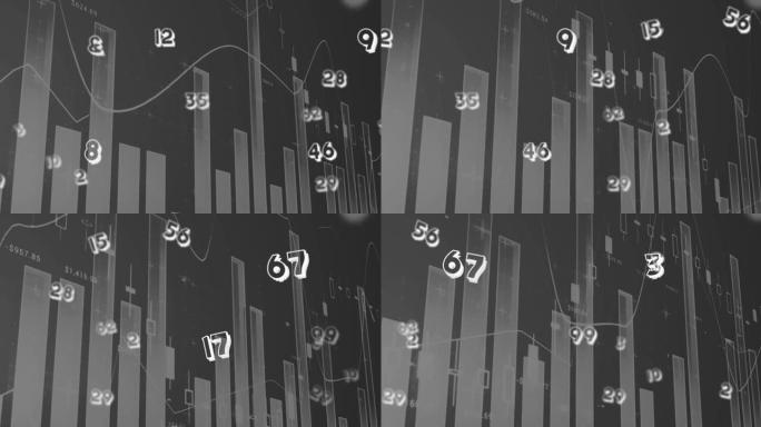 灰色背景上的多个数字浮动于金融数据处理的数字动画